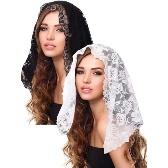 Boao 2 Pieces Floral Lace Veils for Women Head Covering Latin Mass Mantilla - Picture 1 of 8